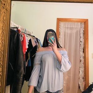 Blue Jennifer Lopez Off the Shoulder Top